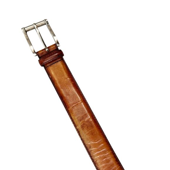 Magnanni Mens Carbon Leather Belt Cognac Brown Size 32 Silvertone‎ Buckle #1121 - Picture 3 of 8